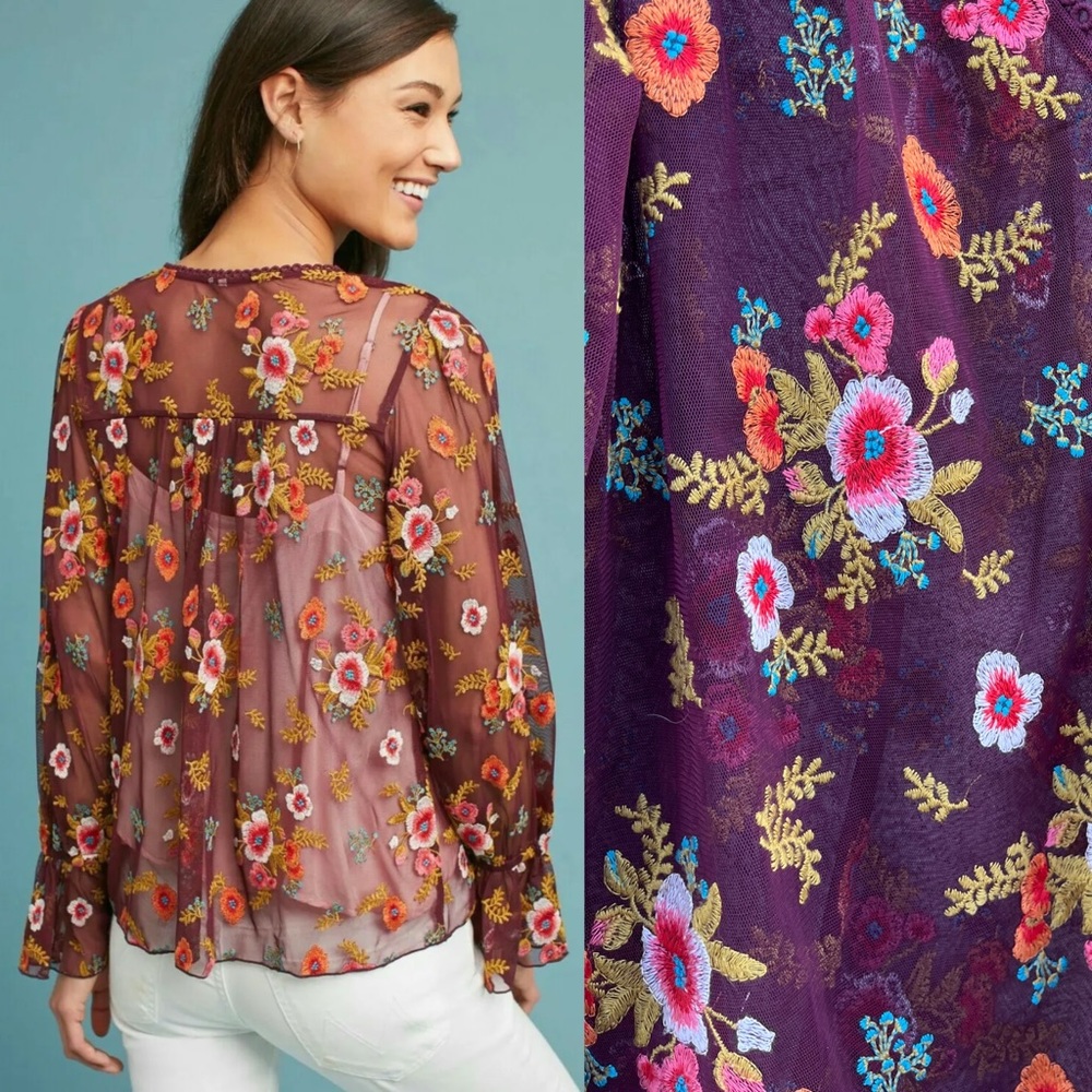 FEATHER BONE by ANTHROPOLOGIE Ruffled Giralda Top XS sheer embroidery flowers